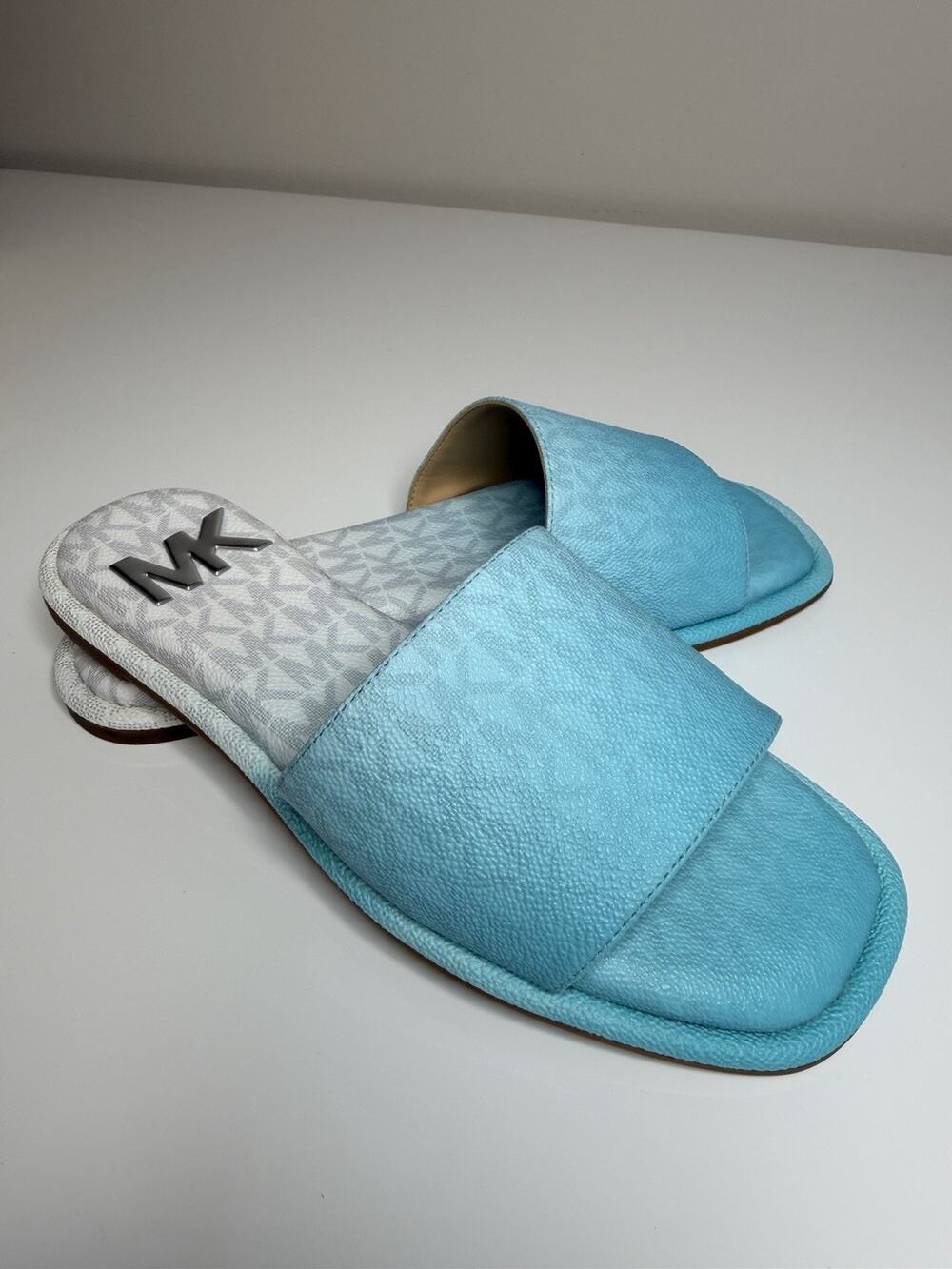 MICHAEL KORS MK Signature Logo Slide Flat Sandals Ocean Blue Turquoise Size 6